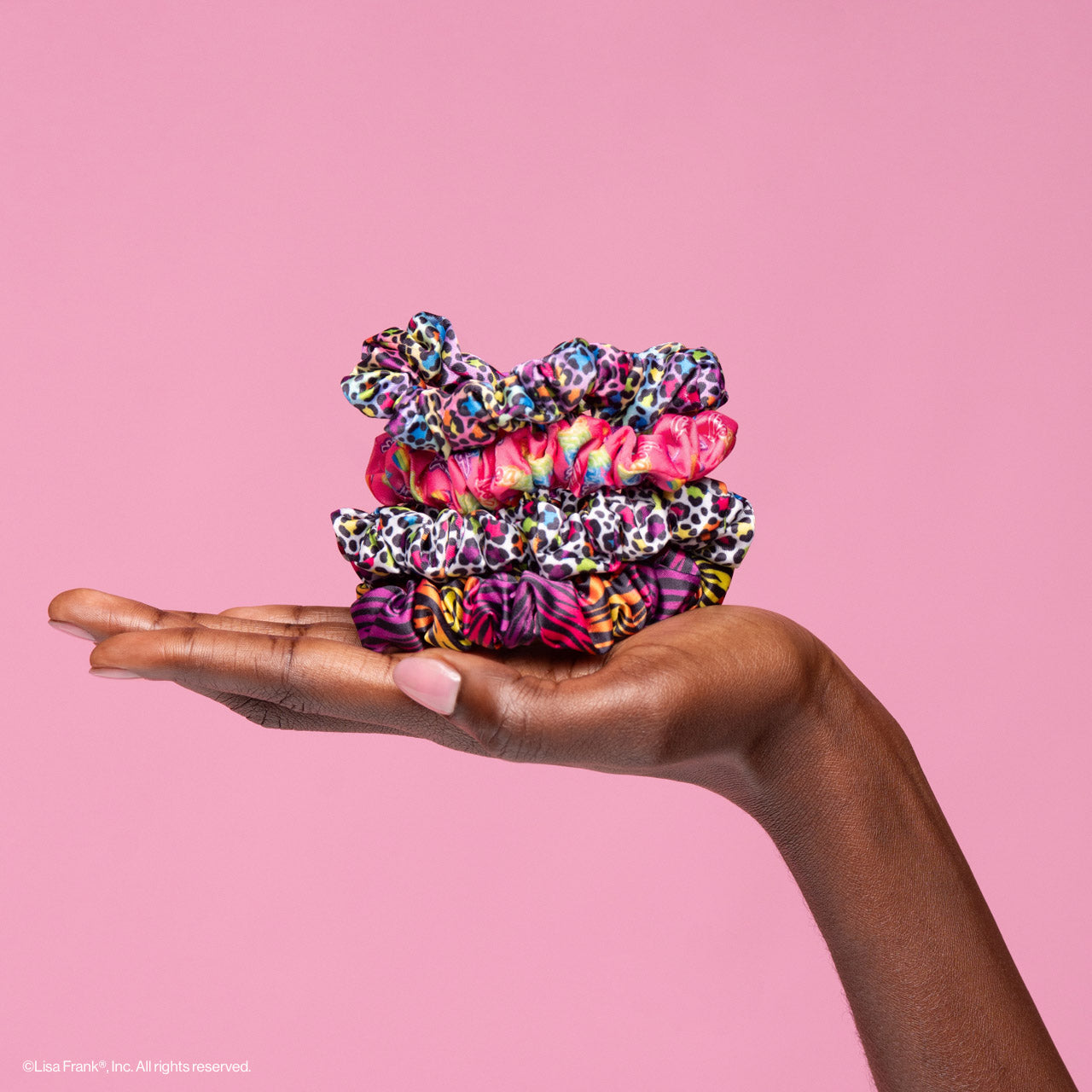 503486-LisaFrankxKitsch-RuchedSatinScrunchies-4pc-RainbowLeopard-Model-3-1280x1280px