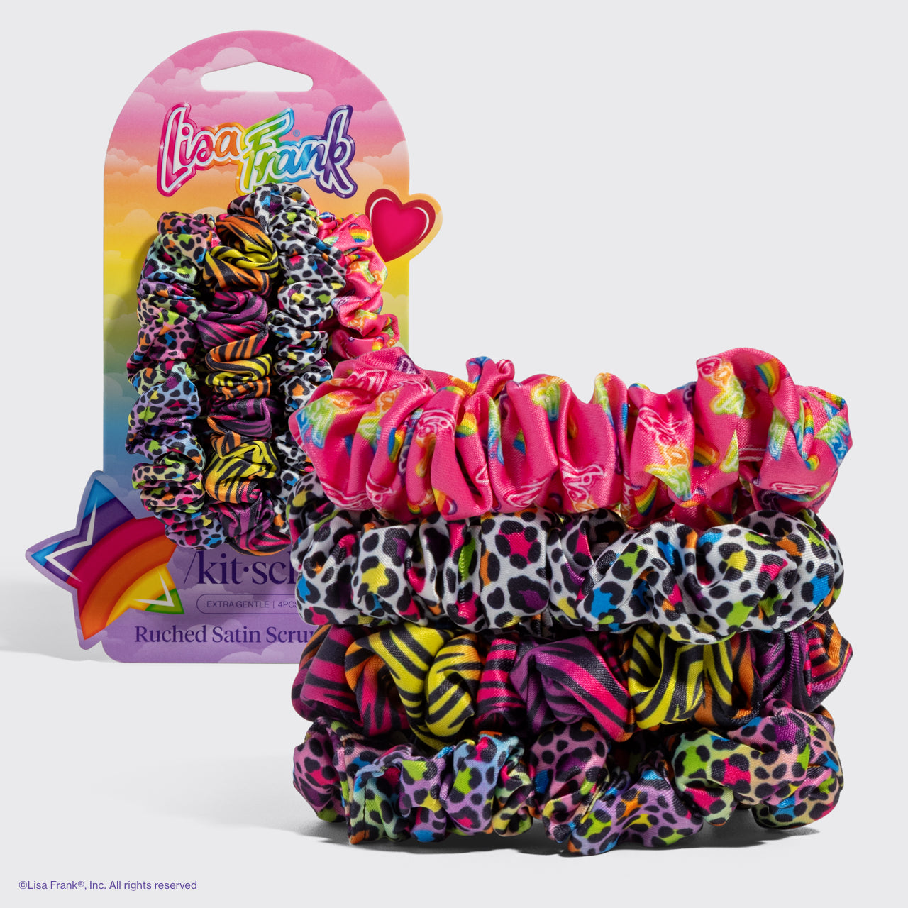 503486-LisaFrankxKitsch-RuchedSatinScrunchies-4pc-RainbowLeopard-hero-1280x1280px
