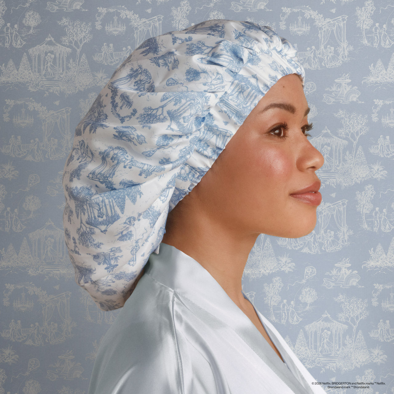 507422-BridgertonxKitsch-BreathableSatinBonnet-GardenToile-Model-3-1280x1280px