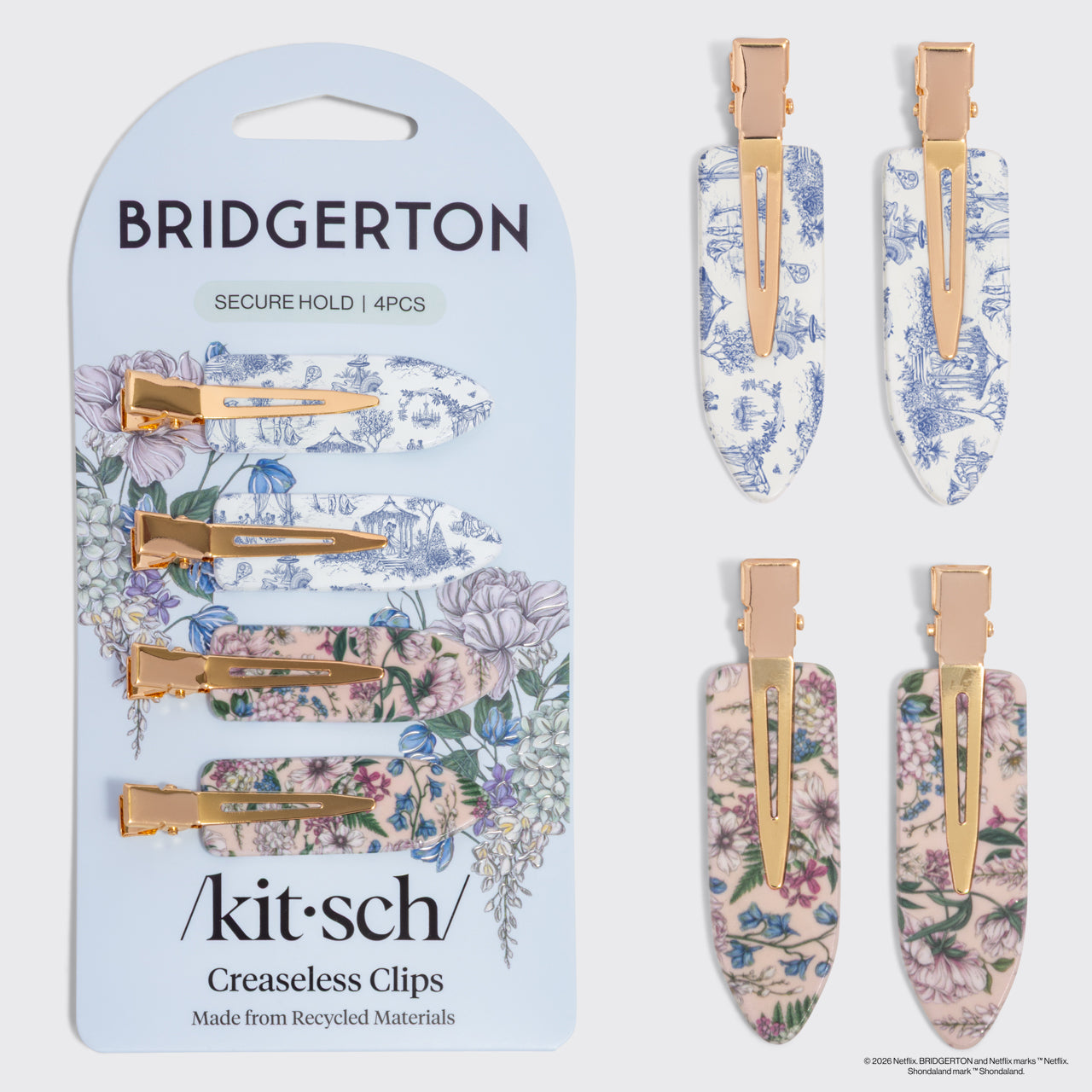 508900-BridgertonxKitsch-RecycledPlasticCreaselessClips-4pc-ToileInBloom-hero-1280x1280px