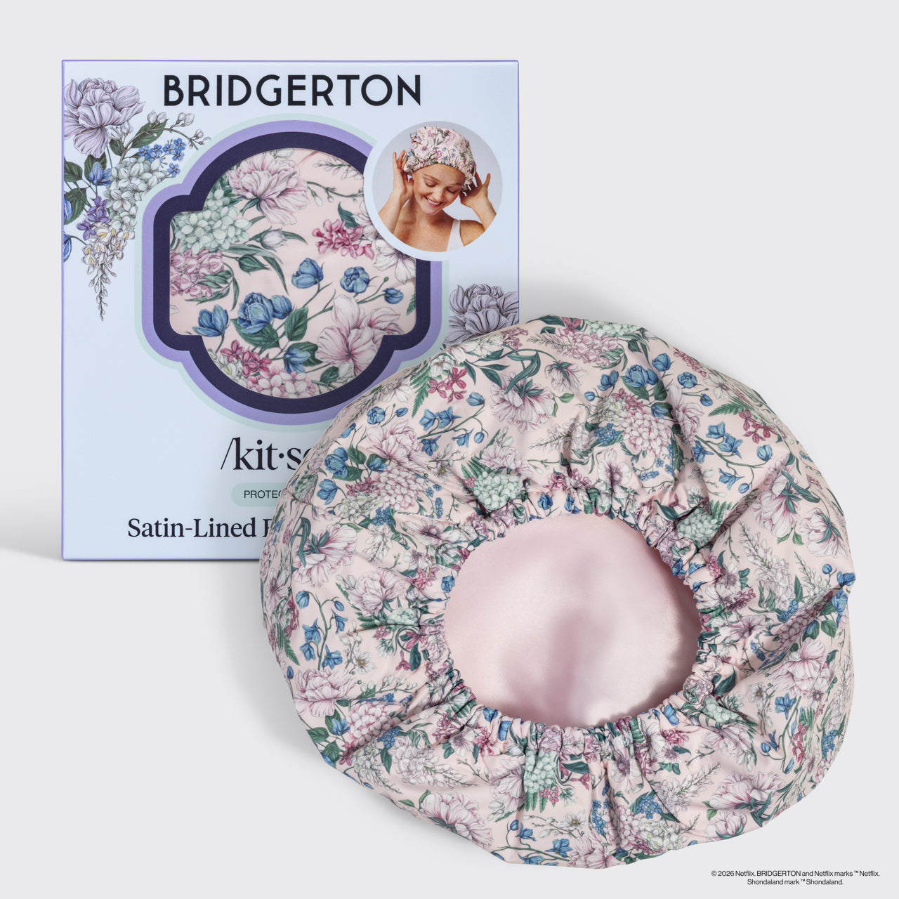 508917-BridgertonxKitsch-SatinLinedFlexiShowerCap-Wisteria-hero-1280x1280px