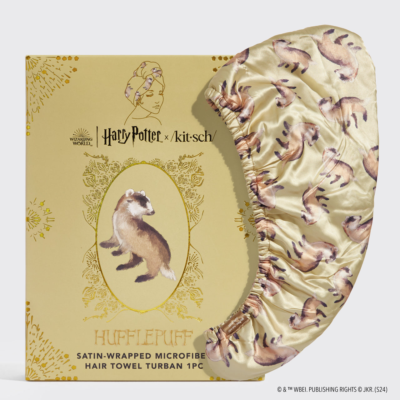 66727-HarryPotterxKitsch-SatinWrappedHairTowel-Hufflepuff-hero-1280x1280px