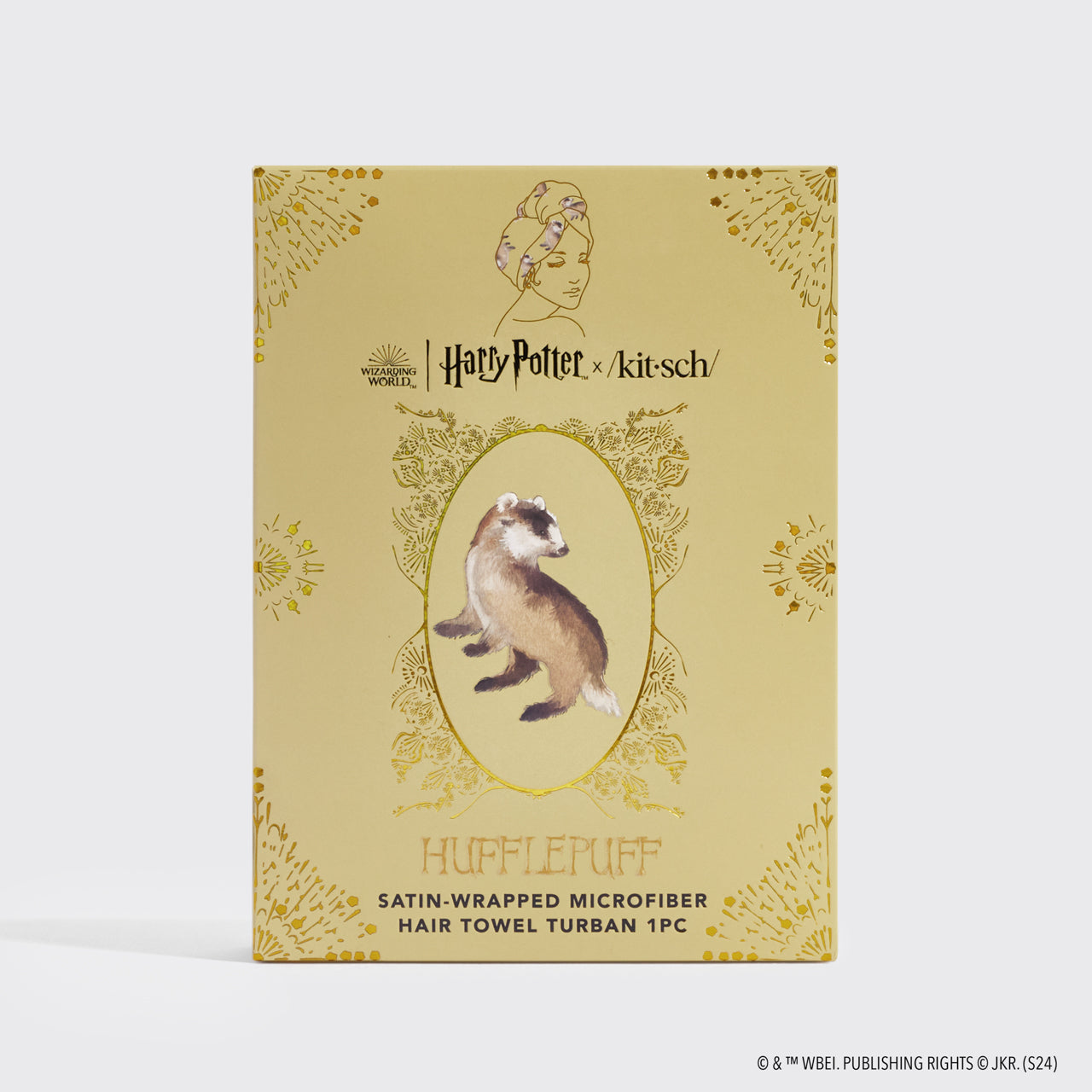 66727-HarryPotterxKitsch-SatinWrappedHairTowel-Hufflepuff-pkg-1280x1280px